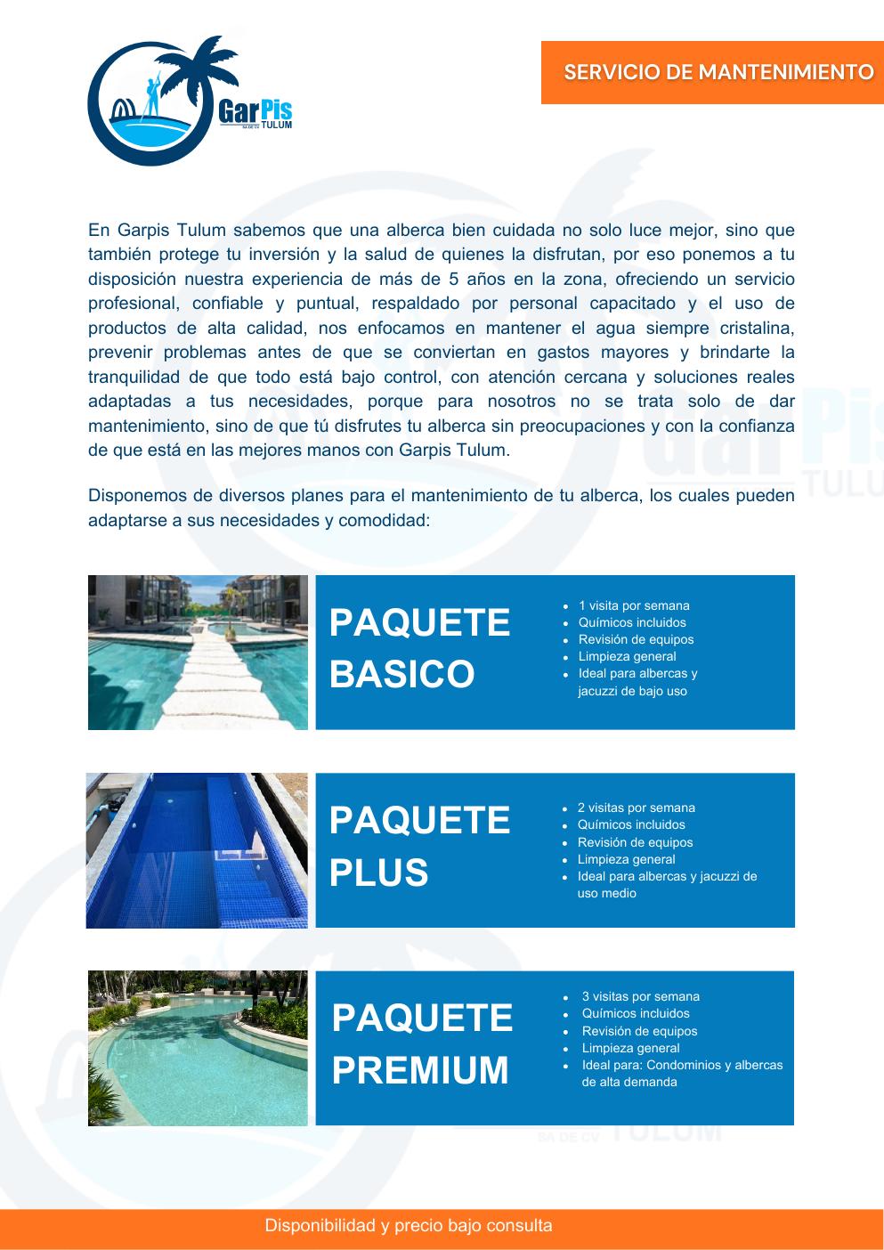 Pagina de catalogo con paquetes de mantenimiento Garpis